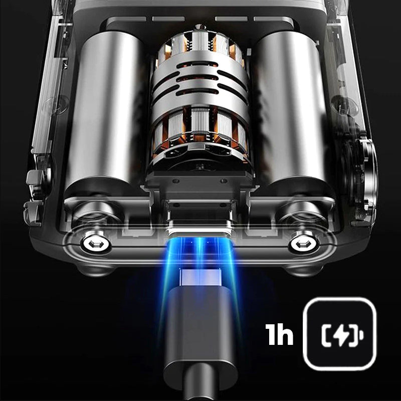 Close-up of a mechanical device with a glowing blue light and text indicating '1h' and battery icon on a black background.