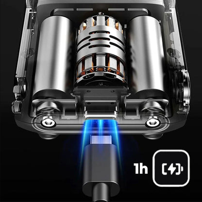 Close-up of a mechanical device with a glowing blue light and text indicating '1h' and battery icon on a black background.