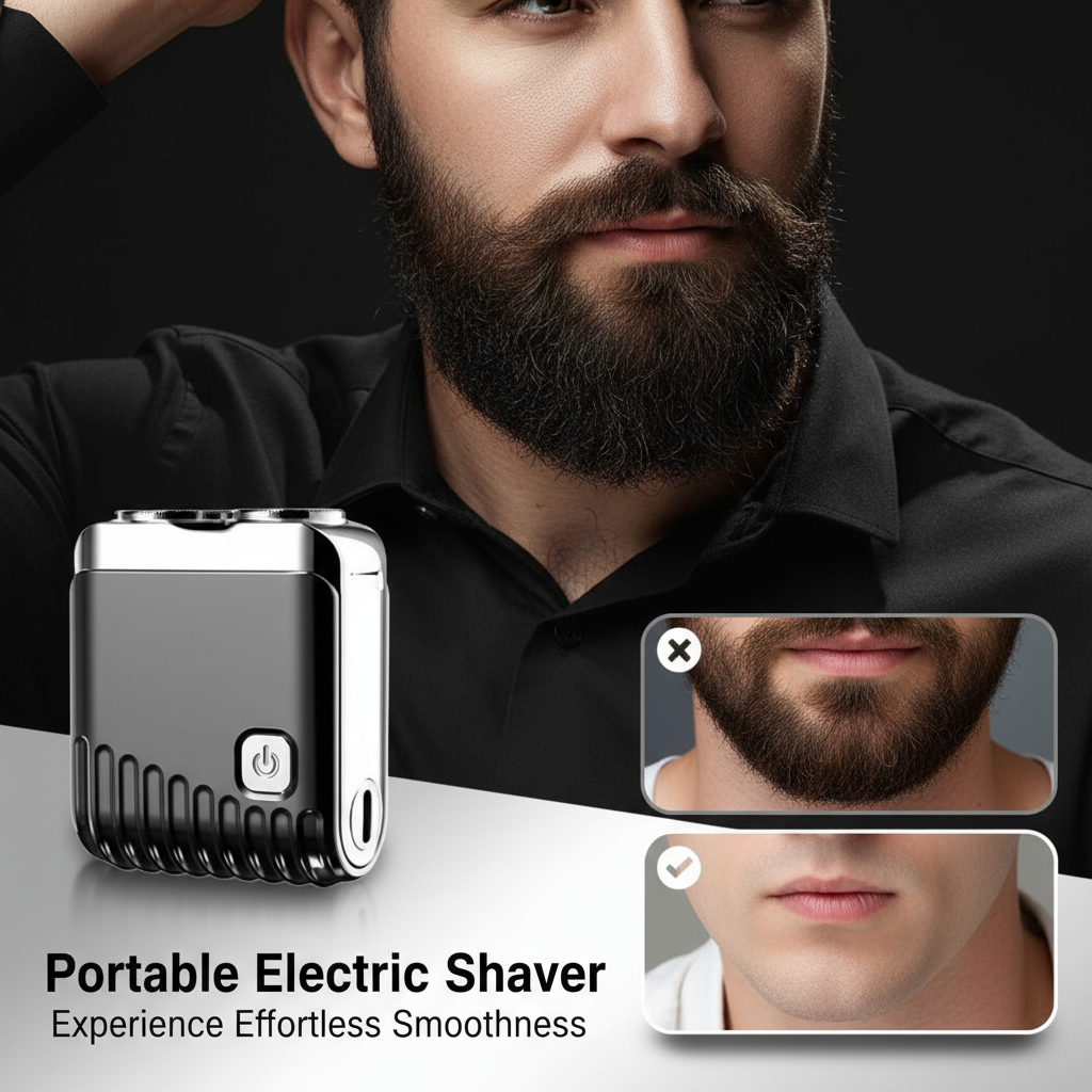 Man with a beard next to a portable electric shaver on a dark background